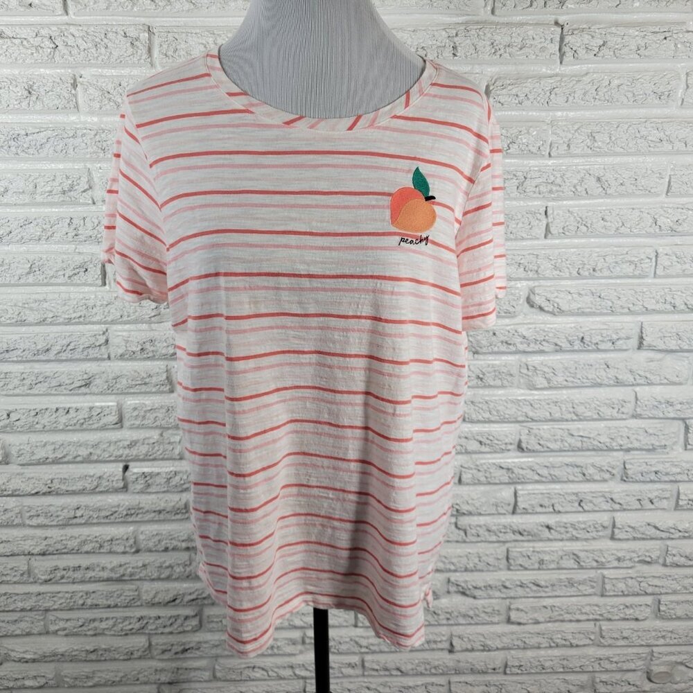 St. John's Bay XXL Pink Orange Stripe Tee Top Peach Embroidered STR85XE